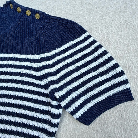Maeve Stripe Sweater Puff Tee Nautical Navy Blue Sailor Short Sleeve Top Anchor - Picture 9 of 14